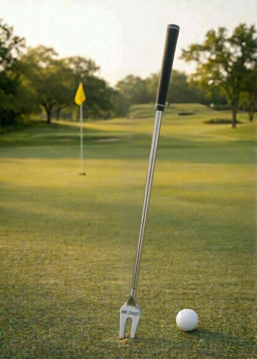 MR. DIVOT™ on the green MR. DIVOT™ stand-up ball mark repair tool standing upright on the golf green