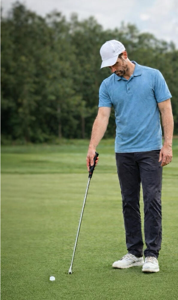 Golfer using MR. DIVOT™ Golfer fixing ball mark standing completely upright using MR. DIVOT™ full-length ball mark repair tool